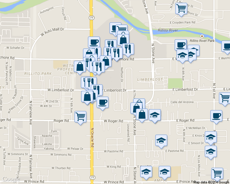 map of restaurants, bars, coffee shops, grocery stores, and more near 4195 North Western Winds Drive in Tucson