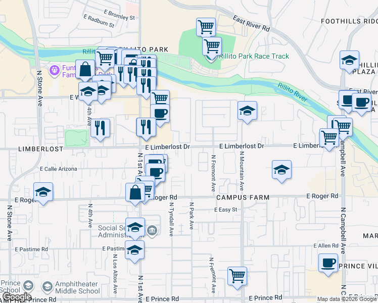 map of restaurants, bars, coffee shops, grocery stores, and more near 4190 North Fortune Loop in Tucson