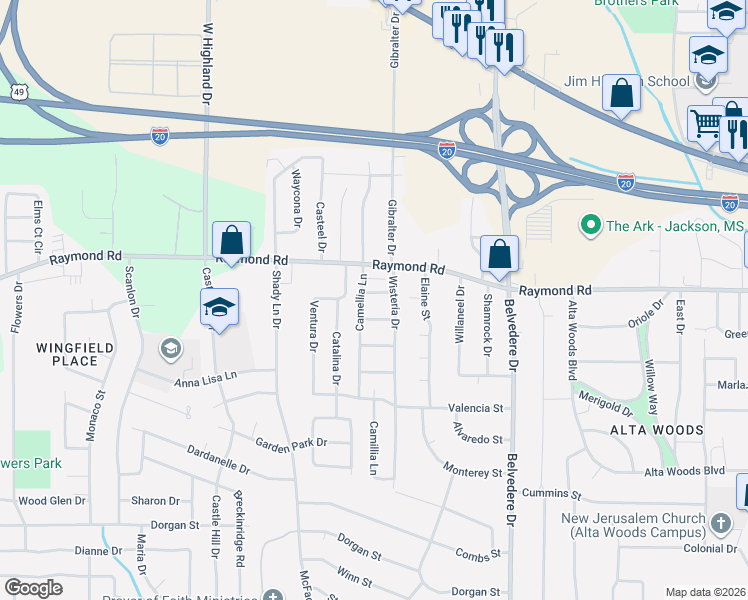 map of restaurants, bars, coffee shops, grocery stores, and more near 1805 Wisteria Drive in Jackson