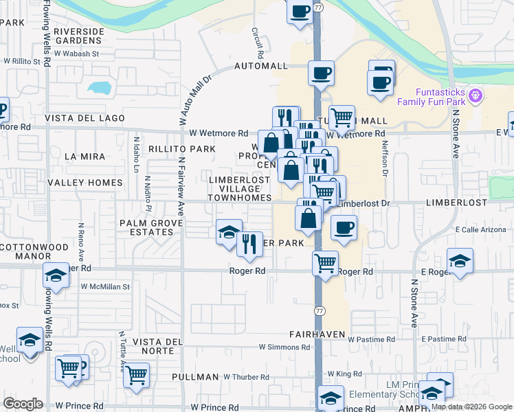 map of restaurants, bars, coffee shops, grocery stores, and more near 613 West Limberlost Drive in Tucson