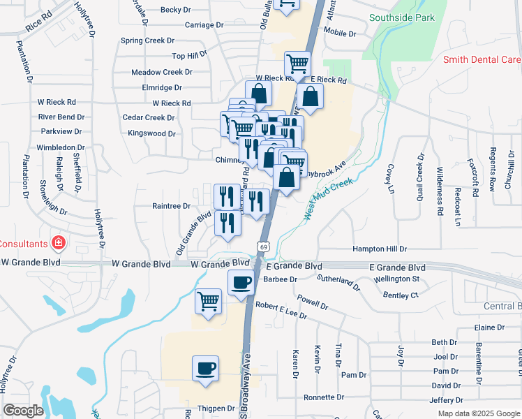 map of restaurants, bars, coffee shops, grocery stores, and more near 6101 South Broadway Avenue in Tyler
