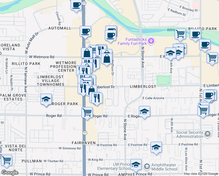 map of restaurants, bars, coffee shops, grocery stores, and more near 303 West Limberlost Drive in Tucson