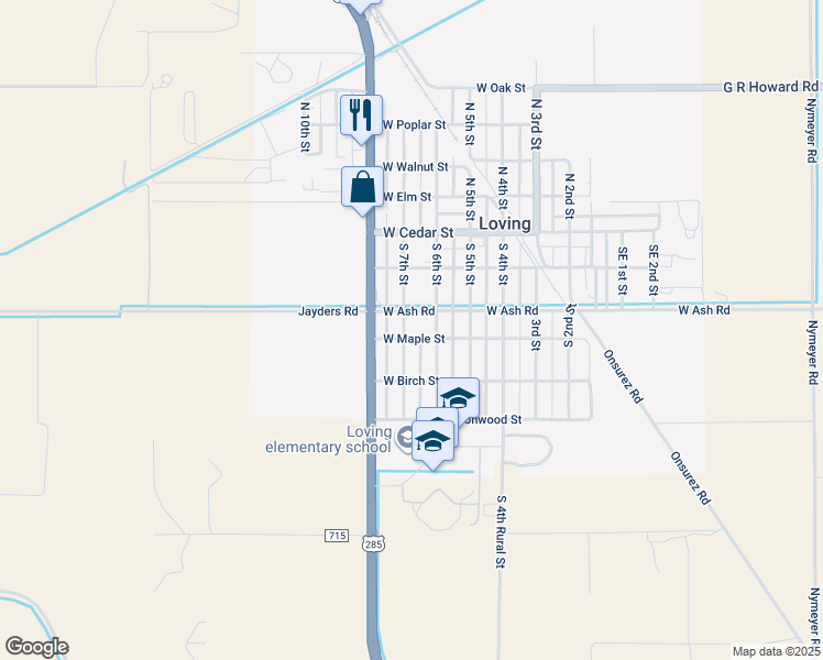 map of restaurants, bars, coffee shops, grocery stores, and more near 701 West Ash Road in Loving