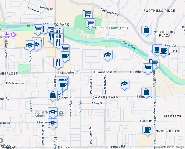 map of restaurants, bars, coffee shops, grocery stores, and more near 1102 East Limberlost Drive in Tucson
