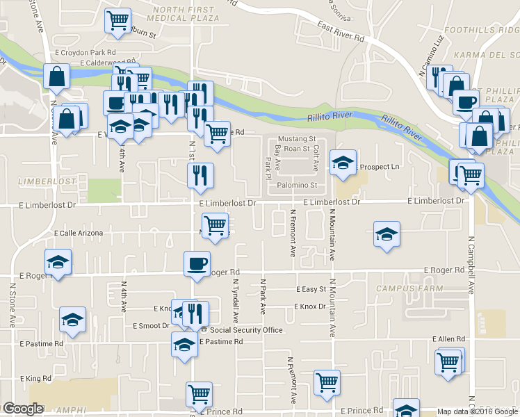 map of restaurants, bars, coffee shops, grocery stores, and more near 4190 North Fortune Loop in Tucson