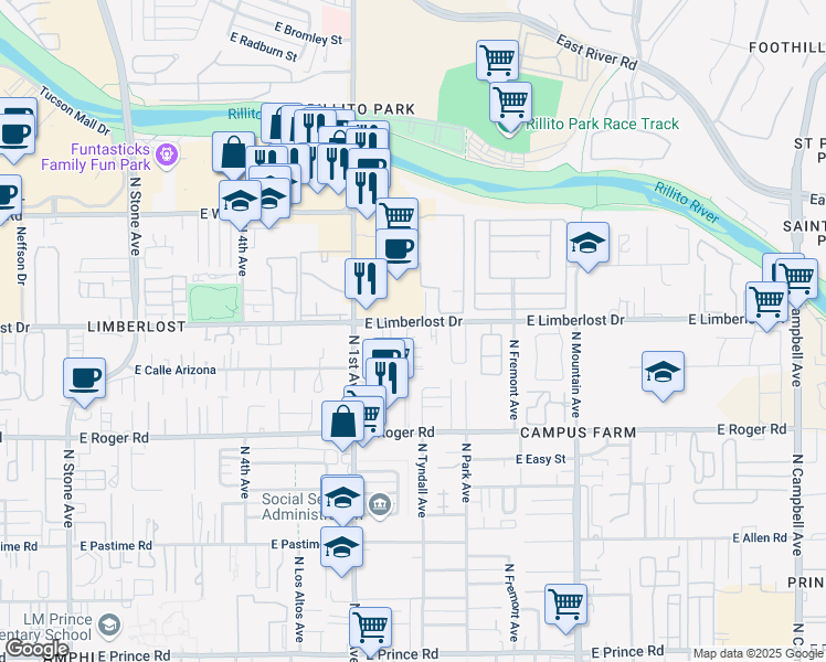 map of restaurants, bars, coffee shops, grocery stores, and more near 770 East Limberlost Drive in Tucson