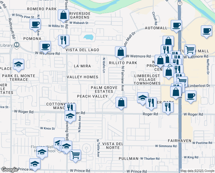 map of restaurants, bars, coffee shops, grocery stores, and more near 4207 North Idaho Lane in Tucson