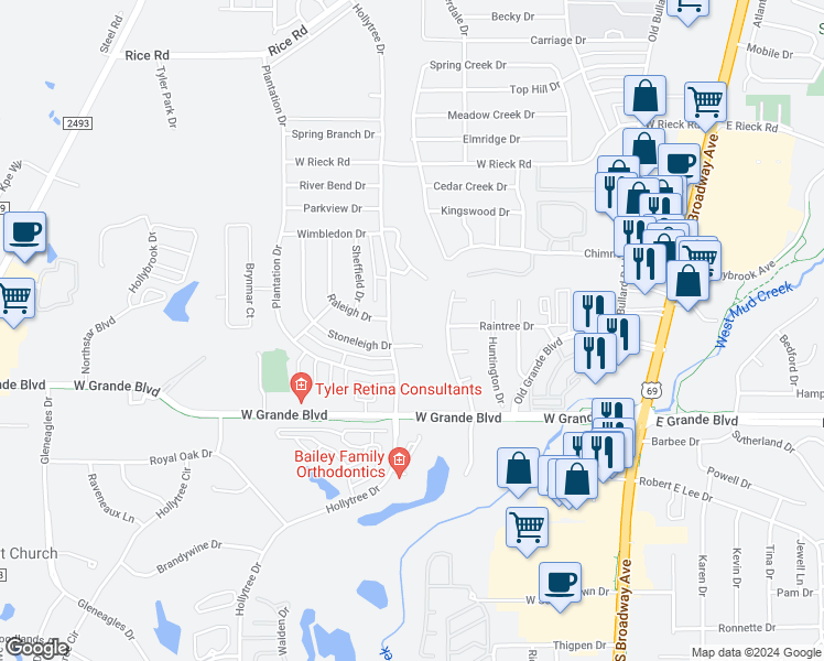 map of restaurants, bars, coffee shops, grocery stores, and more near 6100 Hollytree Drive in Tyler