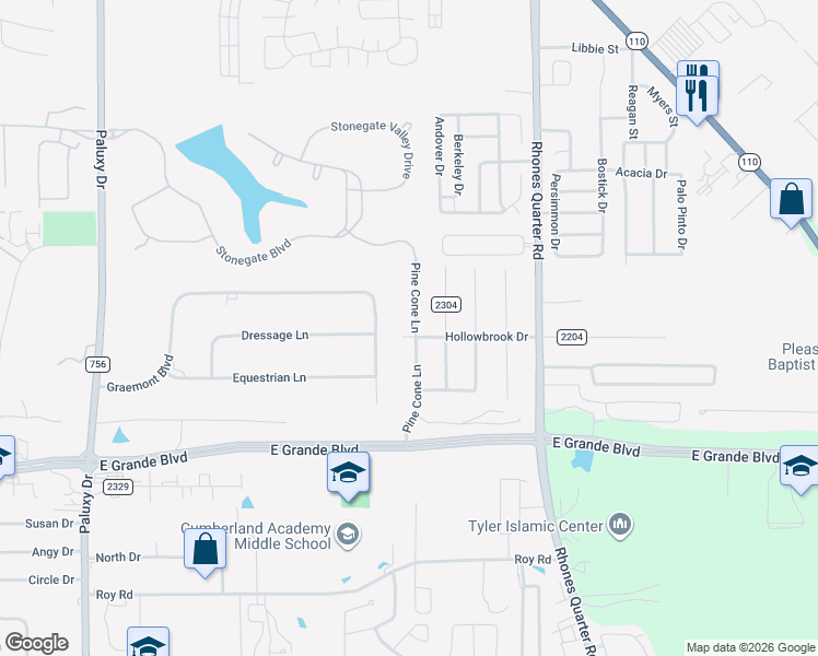map of restaurants, bars, coffee shops, grocery stores, and more near 6051 Pine Cone Lane in Tyler