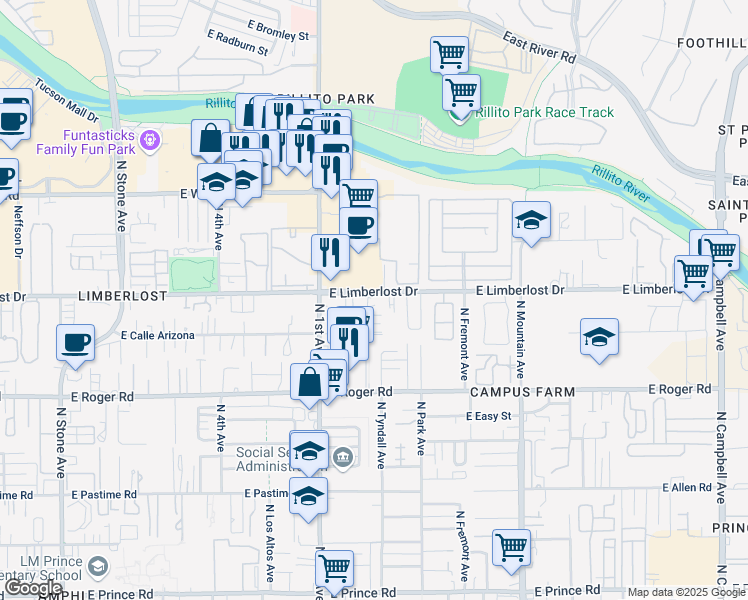 map of restaurants, bars, coffee shops, grocery stores, and more near 770 East Limberlost Drive in Tucson