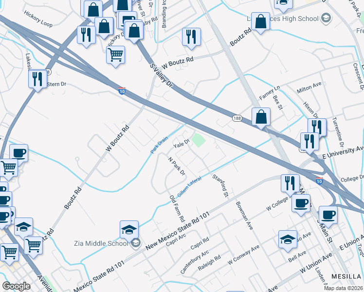 map of restaurants, bars, coffee shops, grocery stores, and more near 2013 Yale Court in Las Cruces