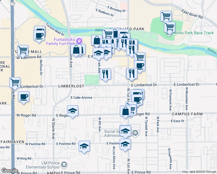 map of restaurants, bars, coffee shops, grocery stores, and more near 4195 North Desert Rain Drive in Tucson