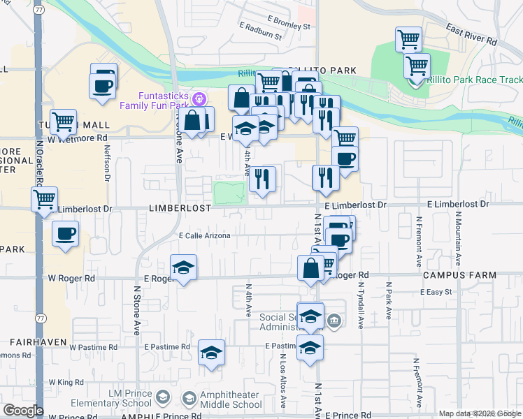 map of restaurants, bars, coffee shops, grocery stores, and more near 4195 North Desert Rain Drive in Tucson