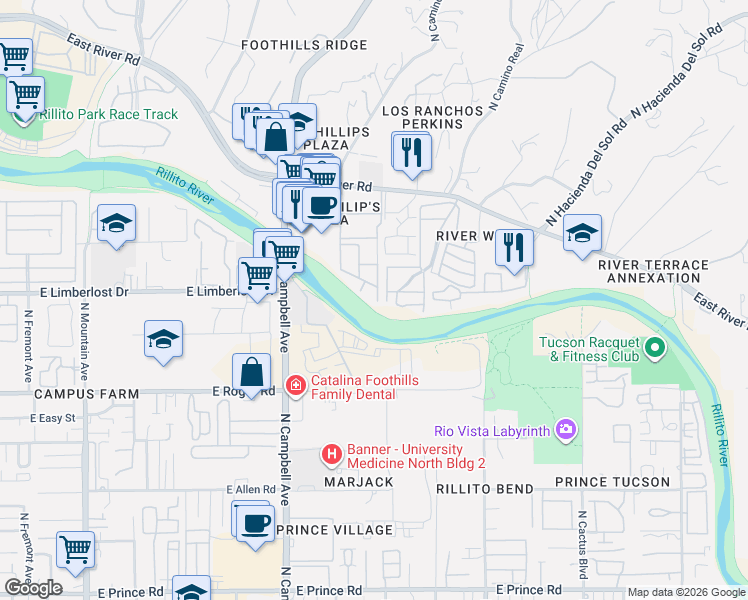 map of restaurants, bars, coffee shops, grocery stores, and more near 2042 East River Road in Tucson