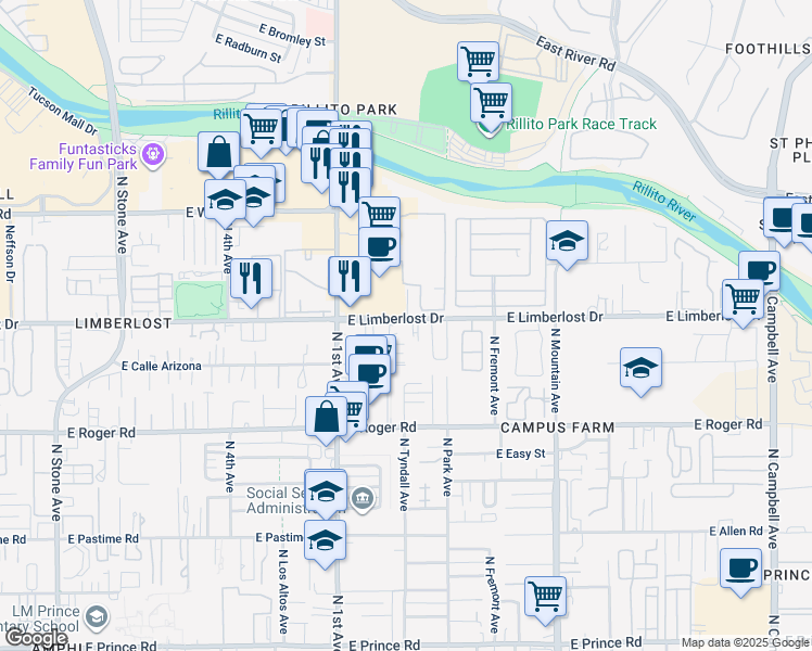 map of restaurants, bars, coffee shops, grocery stores, and more near 834 East Limberlost Drive in Tucson