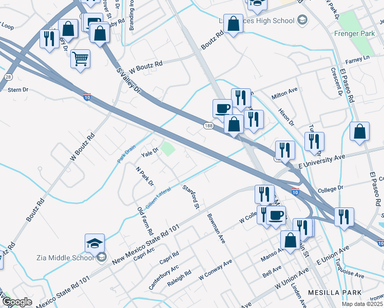 map of restaurants, bars, coffee shops, grocery stores, and more near 2200 Stern Drive in Las Cruces