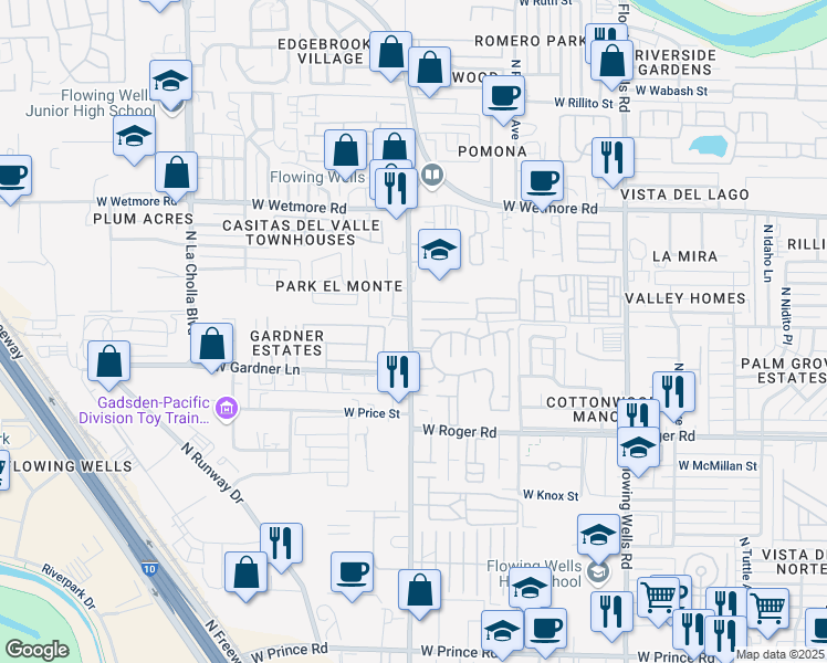 map of restaurants, bars, coffee shops, grocery stores, and more near 1761 West Root Lane in Tucson