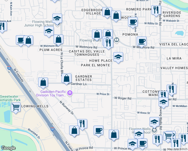 map of restaurants, bars, coffee shops, grocery stores, and more near 1879 West Desert Broom Lane in Tucson