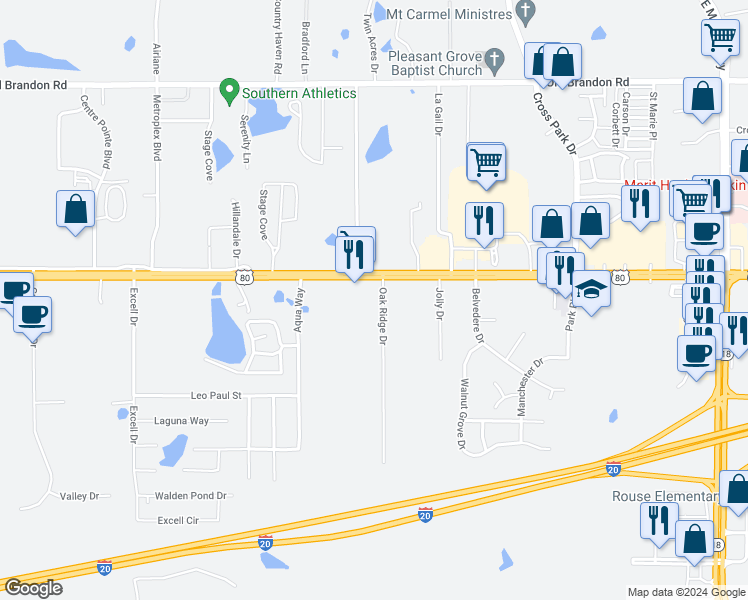 map of restaurants, bars, coffee shops, grocery stores, and more near 2007 Oak Ridge Drive in Pearl