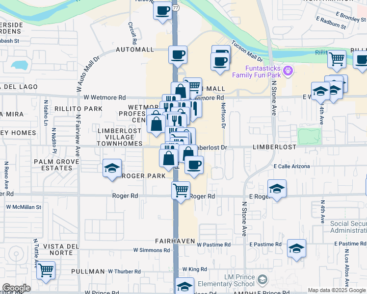 map of restaurants, bars, coffee shops, grocery stores, and more near 366 West Limberlost Drive in Tucson