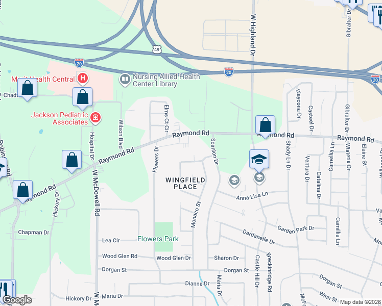 map of restaurants, bars, coffee shops, grocery stores, and more near 1289 Raymond Road in Jackson