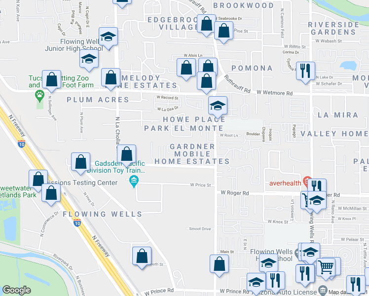 map of restaurants, bars, coffee shops, grocery stores, and more near 1879 West Desert Broom Lane in Tucson