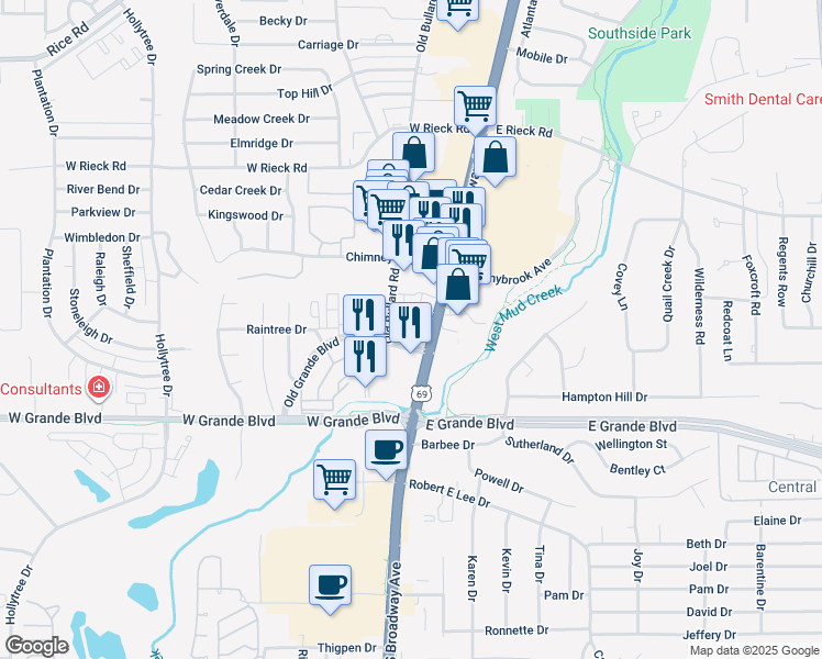 map of restaurants, bars, coffee shops, grocery stores, and more near 6101 S Broadway Ave in Tyler