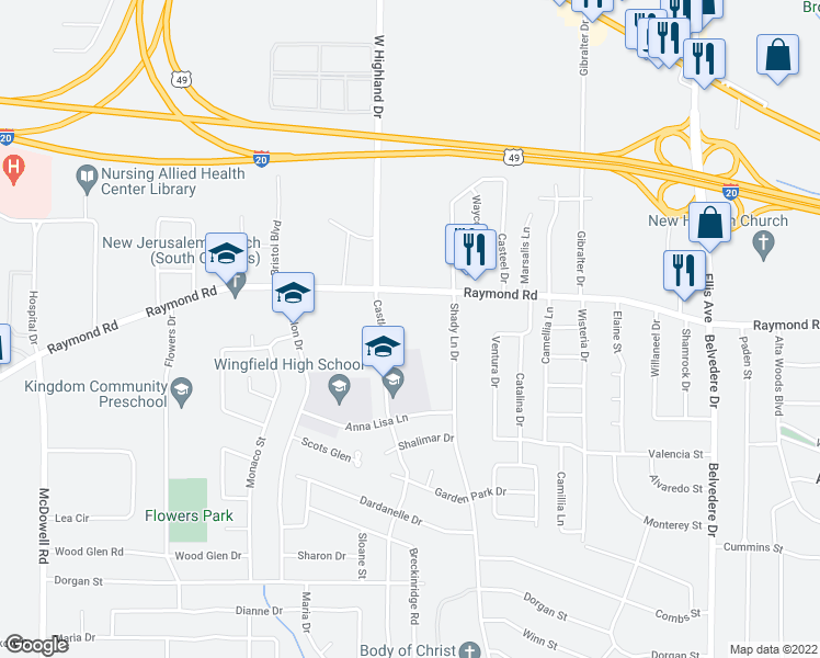 map of restaurants, bars, coffee shops, grocery stores, and more near 1143 Raymond Road in Jackson