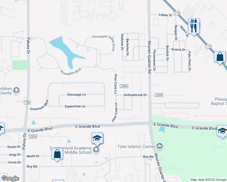 map of restaurants, bars, coffee shops, grocery stores, and more near 6041 Pine Cone Lane in Tyler
