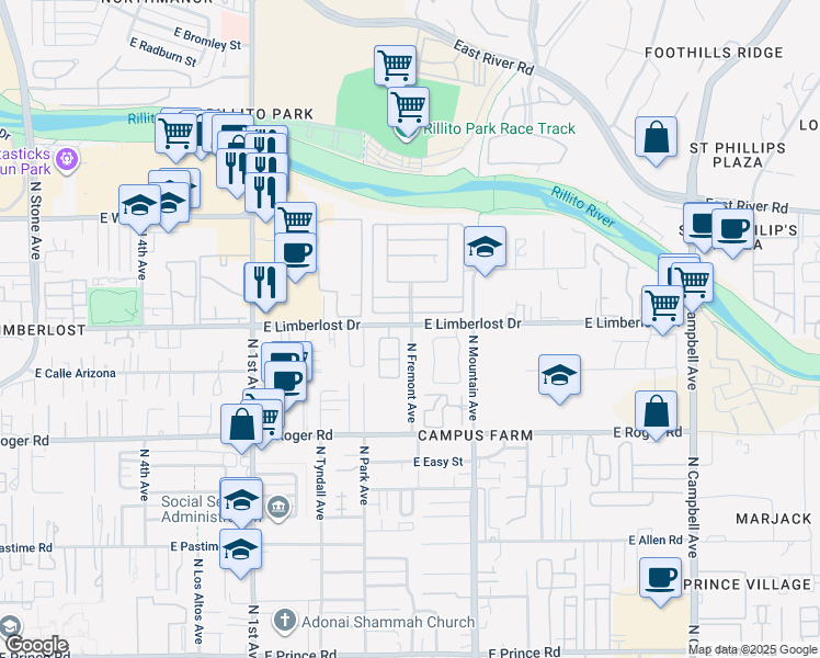 map of restaurants, bars, coffee shops, grocery stores, and more near 1102 East Limberlost Drive in Tucson