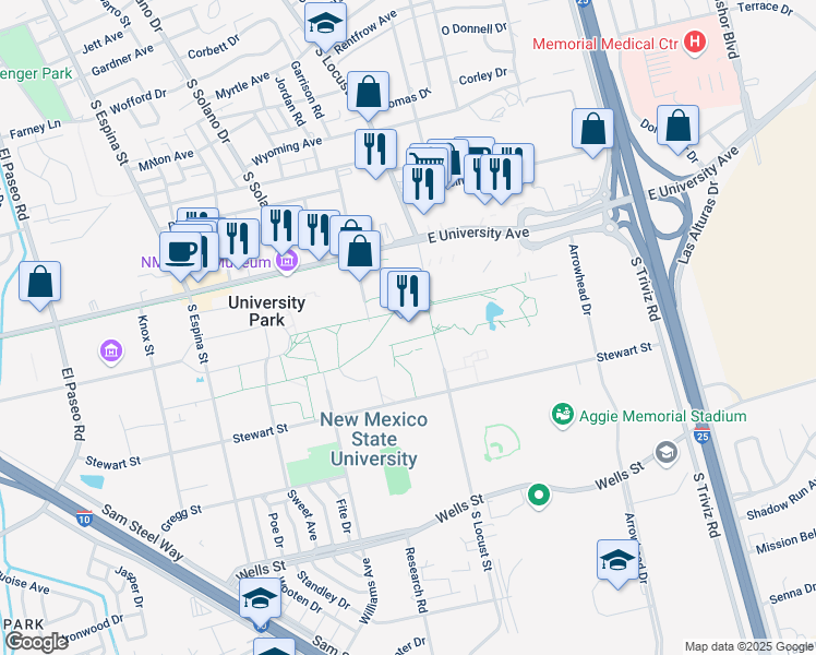 map of restaurants, bars, coffee shops, grocery stores, and more near 1600 International Mall in Las Cruces