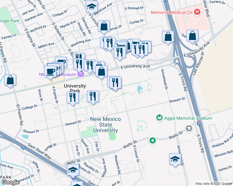map of restaurants, bars, coffee shops, grocery stores, and more near 1600 International Mall in Las Cruces