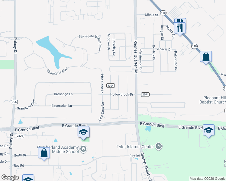 map of restaurants, bars, coffee shops, grocery stores, and more near 6038 Mesquite Dr in Tyler
