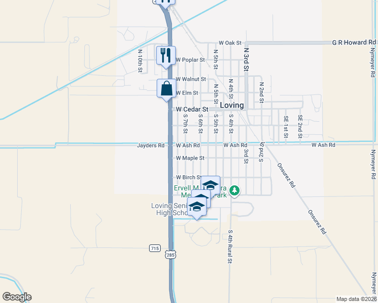 map of restaurants, bars, coffee shops, grocery stores, and more near 701 West Ash Road in Loving