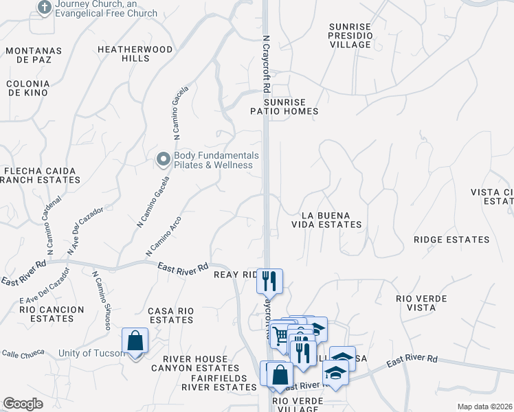 map of restaurants, bars, coffee shops, grocery stores, and more near 4170 North Camino Del Celador in Tucson