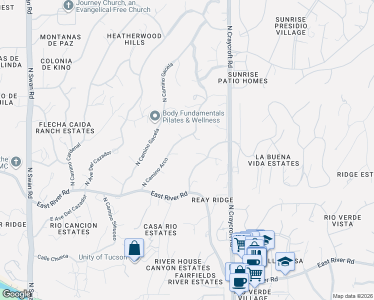 map of restaurants, bars, coffee shops, grocery stores, and more near 4141 North Camino Del Celador in Tucson