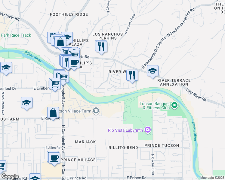 map of restaurants, bars, coffee shops, grocery stores, and more near 2550 East River Road in Tucson