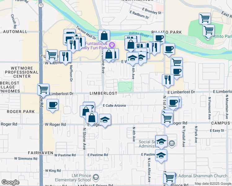 map of restaurants, bars, coffee shops, grocery stores, and more near 233 East Limberlost Drive in Tucson