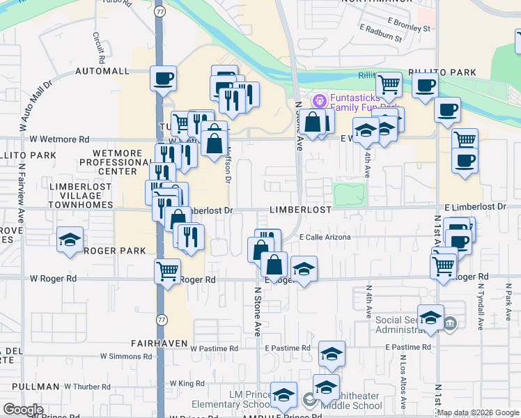 map of restaurants, bars, coffee shops, grocery stores, and more near 31 East Limberlost Drive in Tucson