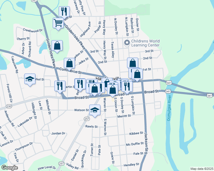 map of restaurants, bars, coffee shops, grocery stores, and more near 17 Warren Street in Hawkinsville
