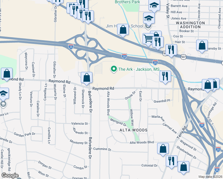 map of restaurants, bars, coffee shops, grocery stores, and more near 579 Raymond Road in Jackson