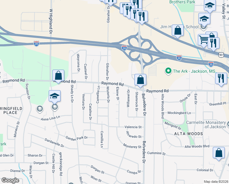 map of restaurants, bars, coffee shops, grocery stores, and more near 1833 Elaine Street in Jackson