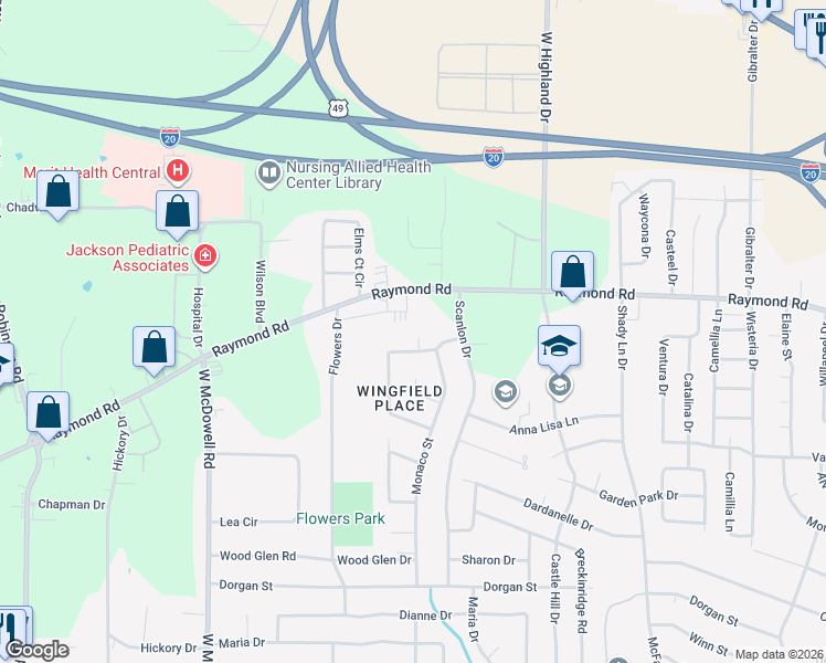 map of restaurants, bars, coffee shops, grocery stores, and more near 1289 Raymond Road in Jackson