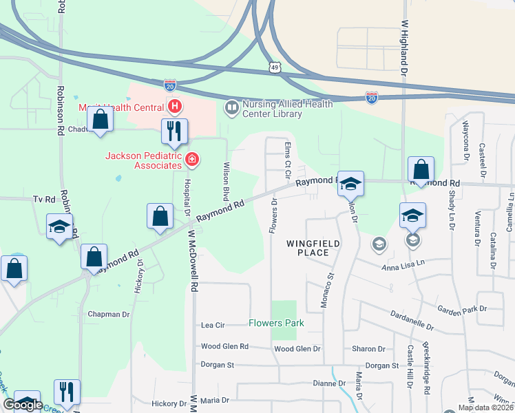 map of restaurants, bars, coffee shops, grocery stores, and more near 1351 Raymond Rd in Jackson