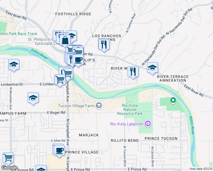 map of restaurants, bars, coffee shops, grocery stores, and more near 2402 East River Road in Tucson