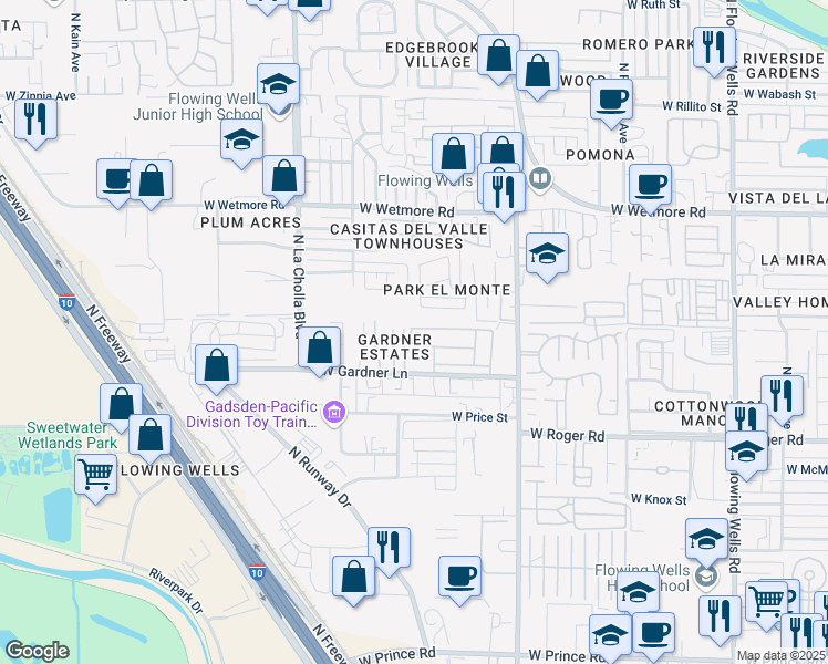 map of restaurants, bars, coffee shops, grocery stores, and more near 1931 West Desert Broom Lane in Tucson