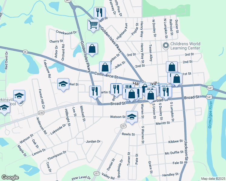 map of restaurants, bars, coffee shops, grocery stores, and more near 22 Ryan Street in Hawkinsville