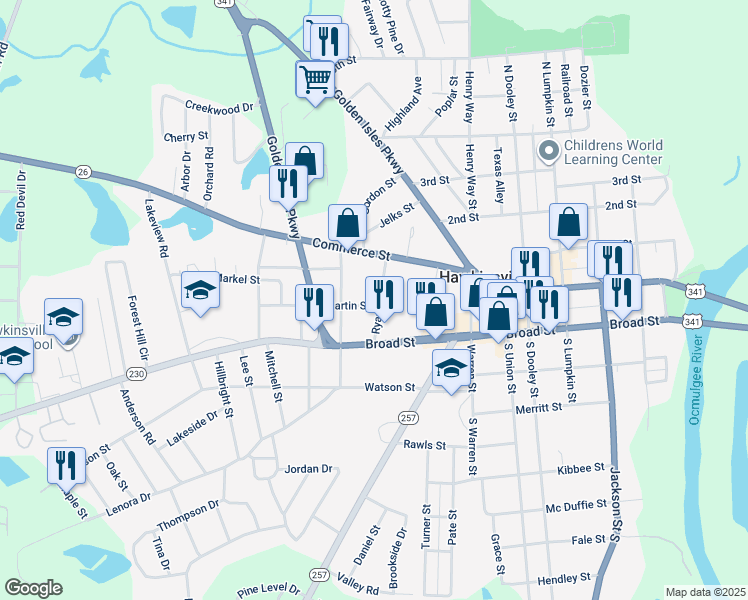 map of restaurants, bars, coffee shops, grocery stores, and more near 22 Ryan Street in Hawkinsville