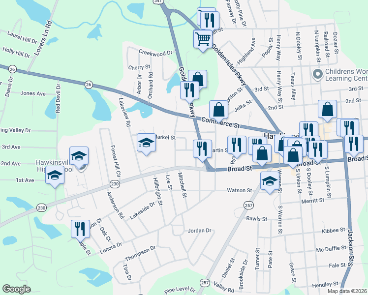 map of restaurants, bars, coffee shops, grocery stores, and more near 60 Martin Street in Hawkinsville