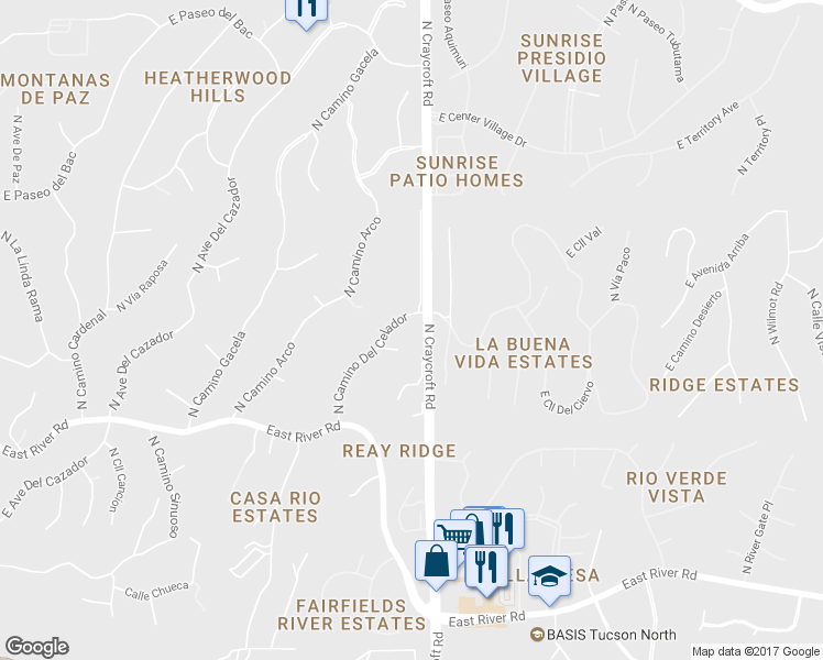 map of restaurants, bars, coffee shops, grocery stores, and more near 4170 North Camino Del Celador in Tucson
